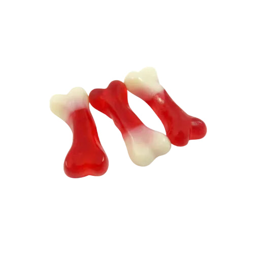 Three red and white bone-shaped gummy candies on a white background
