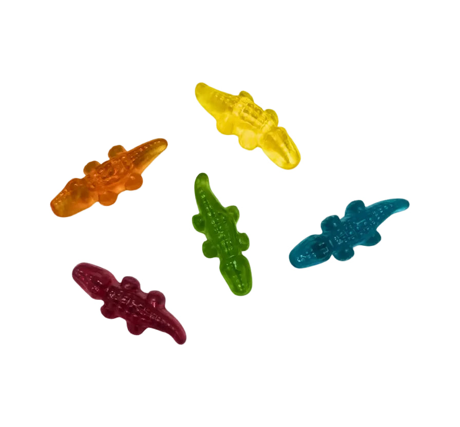 Five colorful alligator-shaped gummy candies on a white background